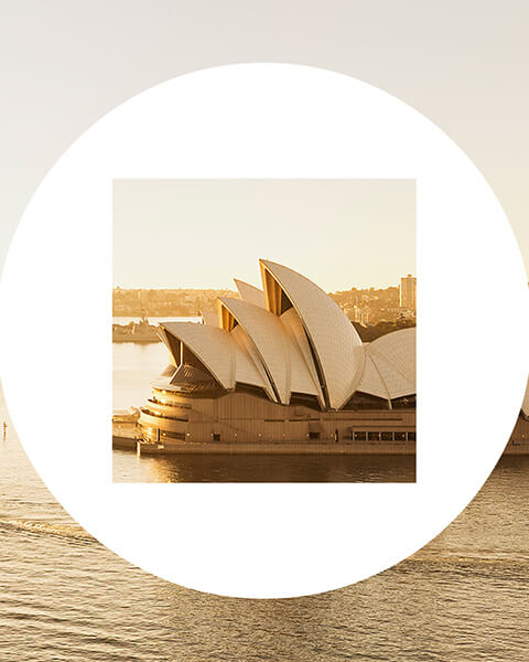 finding our voice logo placed over a golden ariel image of the sydney opera house