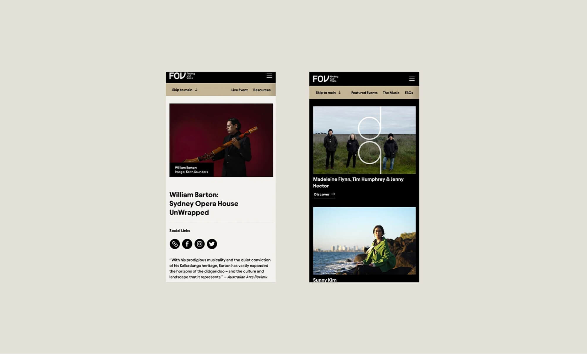 diagram of finding our voice website on mobile. Two screenshots side by side