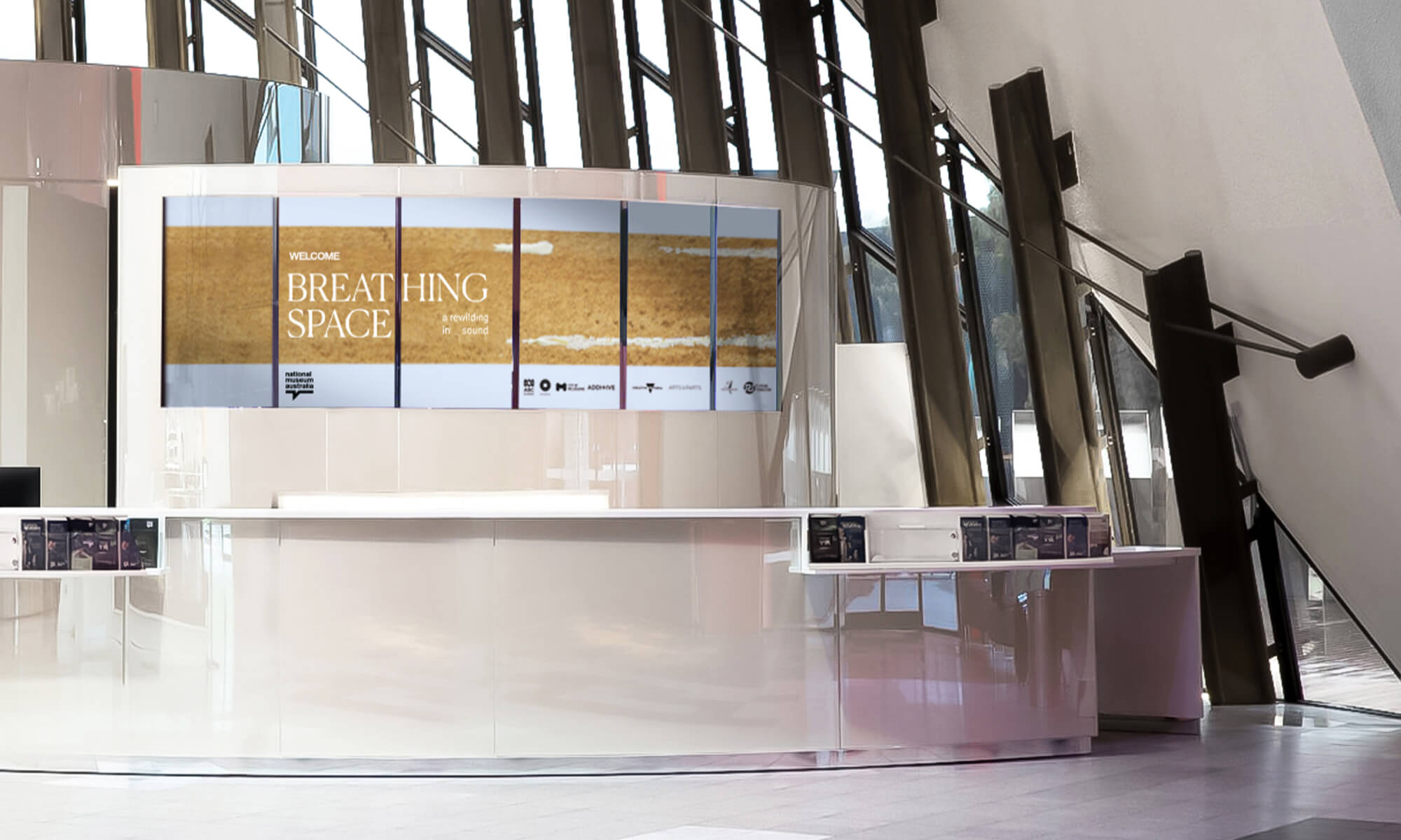 view of signage at reception of the national museum of australia 