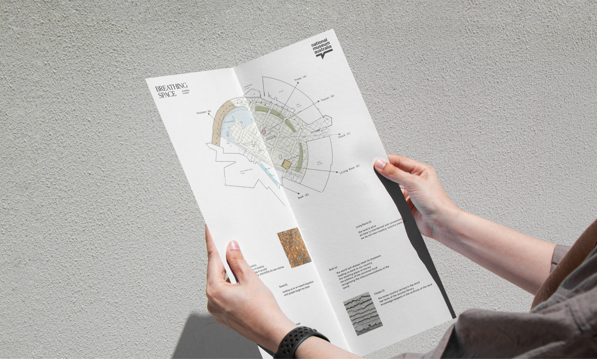 view of someones hands holding a map of the Breathing space project in the national museum of australia