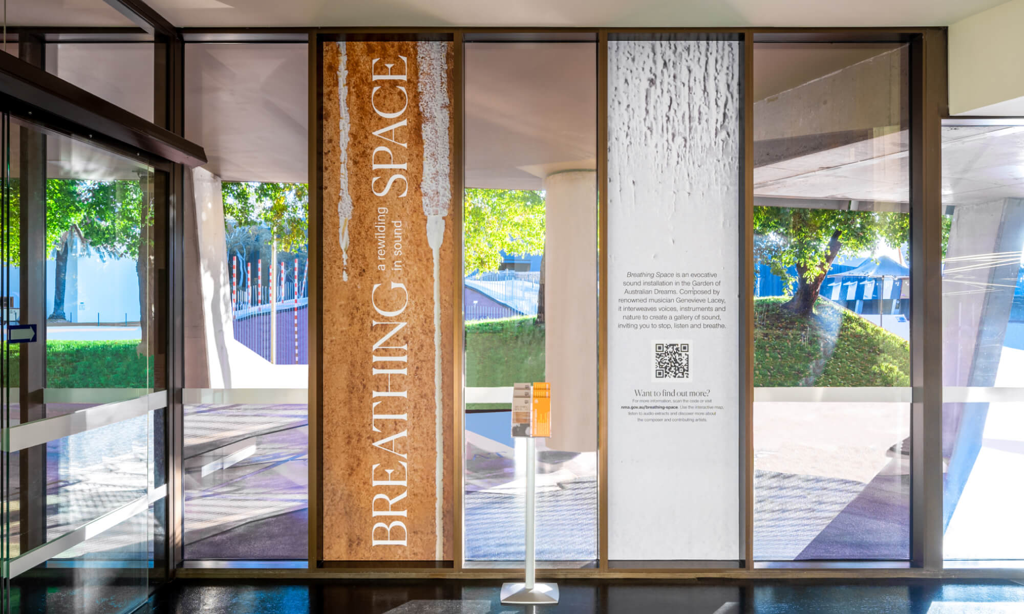 outside poster signage of Breathing Space in the National museum of australia